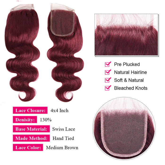 Burgundy Bundles With Closure Body Wave Human Hair 99J Colored Bundles Soft And Silky Hair - Image 3