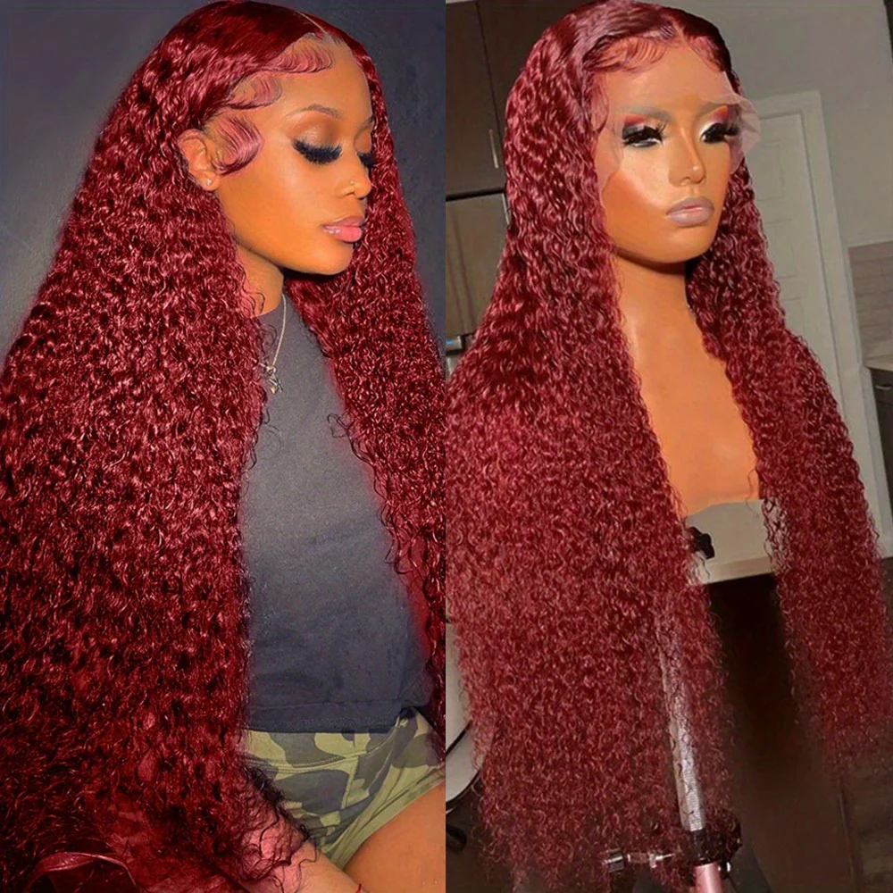 OneMore Burgundy Hair Curly Wig Glueless HD Lace Frontal Wigs 99J Color Human Hair Wigs 30inch - Image 4