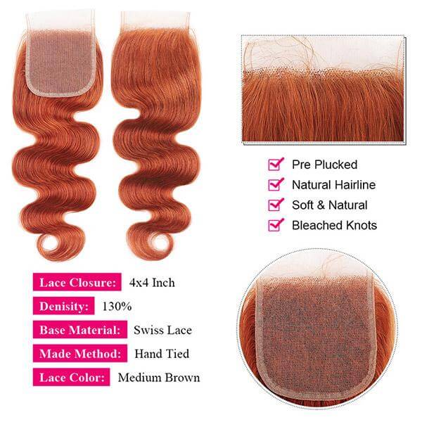 #350 Ginger Color Body Wave Human Hair Weave Brazilian Hair 3 Bundles with Lace Closure - Image 3