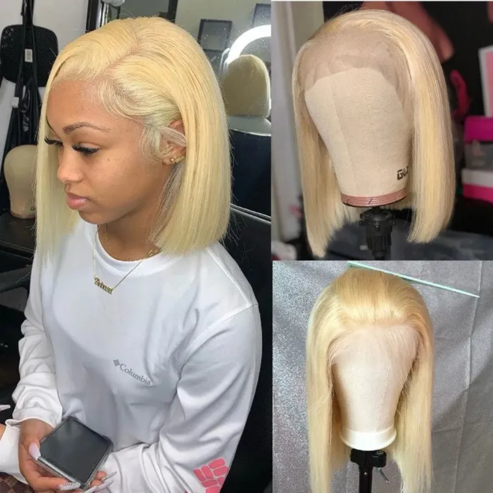 613 Hair Color Short Bob Wig Straight Hair Blonde Lace Front Wig Glueless Human Hair Wigs - Image 3