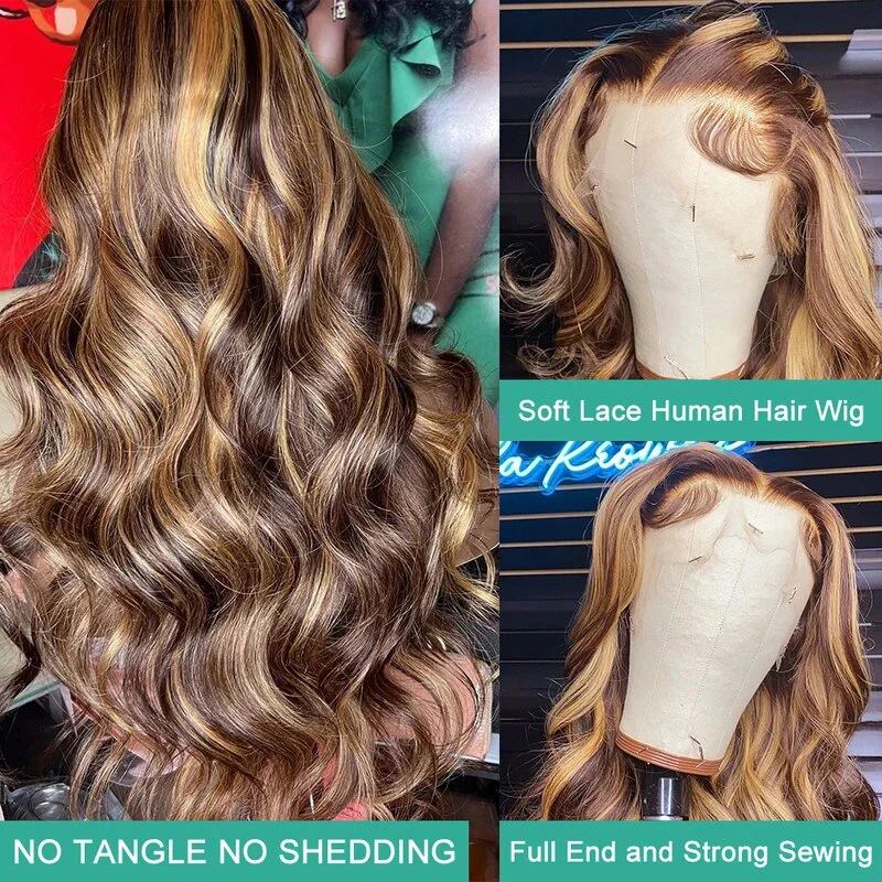 Honey Blonde Highlight Wig Glueless Body Wave Human Hair Wig Bleached Knots 13x4 HD Lace Front Wigs - Image 7