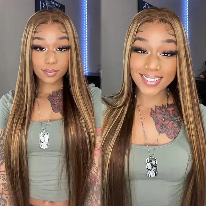 Honey Blonde Highlight Wig Straight Hair 13x4 Lace Front Hd Lace Glueless Human Hair Wigs - Image 4