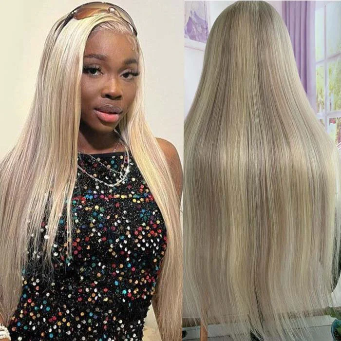 Ombre Blonde with Lowlights Straight Hair Lace Front Wig Light Ash Blonde Balayage Real Human Hair Wig - Image 3
