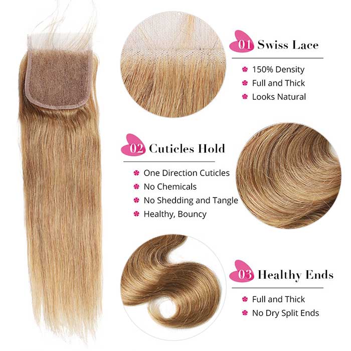Honey Blonde Bundles with 4x4 Lace Closure #27 Color Straight Human Hair Weave - Image 3