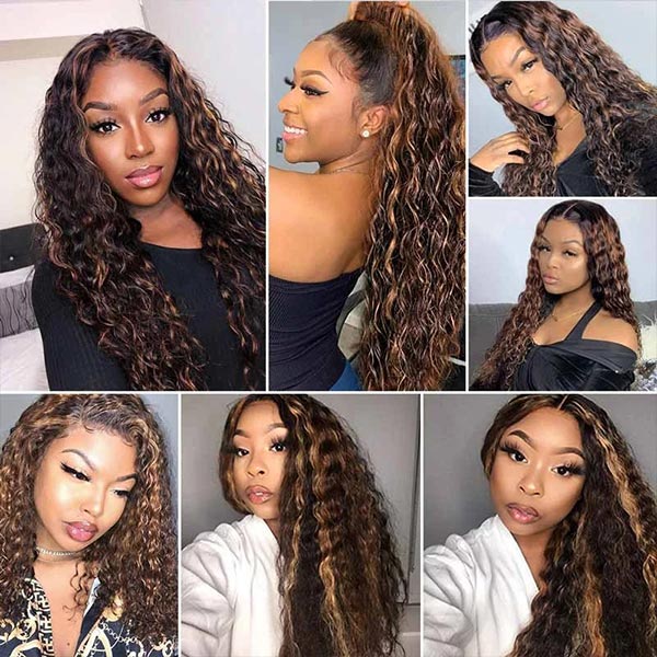 Human Hair Honey Blonde Highlight Wig Deep Wave Transparent Middle Part Wig T Part Wig - Image 3