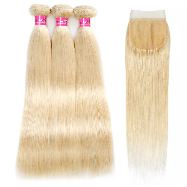 613 Blonde Color Straight Human Hair 3 Bundles with 4x4 Lace Closure - Image 5