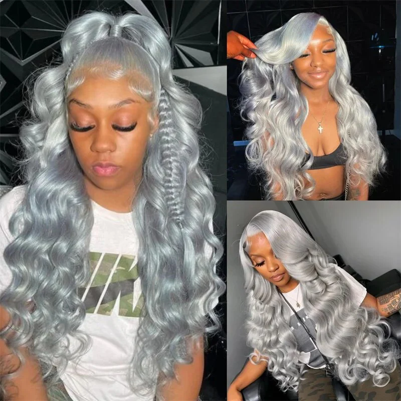 OneMore Silver Grey Body Wave 13x4 HD Lace Front Wig Glueless Colored Human Hair Wigs - Image 2