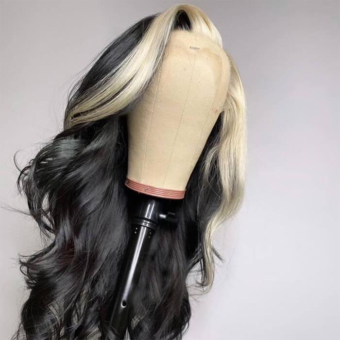 OneMore Skunk Stripe Hair Body Wave 13x4 Lace Front Wig Black with Blonde HD Lace Wig - Image 9