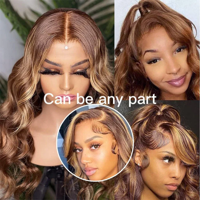 OneMore Highlight Wig Body Wave Pre-Cut Glueless 13x6 Lace Front Wigs Brown Hair with Blonde Highlights - Image 8